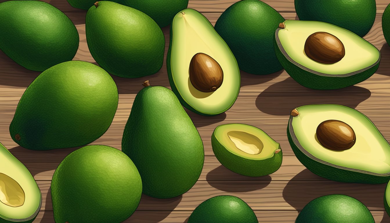 A row of zutano avocados on a wooden countertop, some still green, others turning a dark shade of green, indicating ripeness