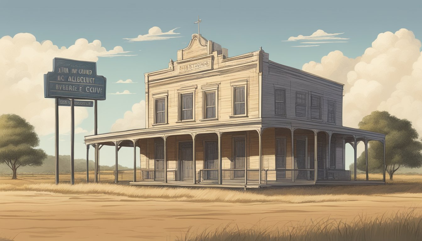 A dusty rural landscape with a small town, a courthouse, and a sign displaying "Jim Hogg County, Texas Alcoholic Beverage Code Overview."