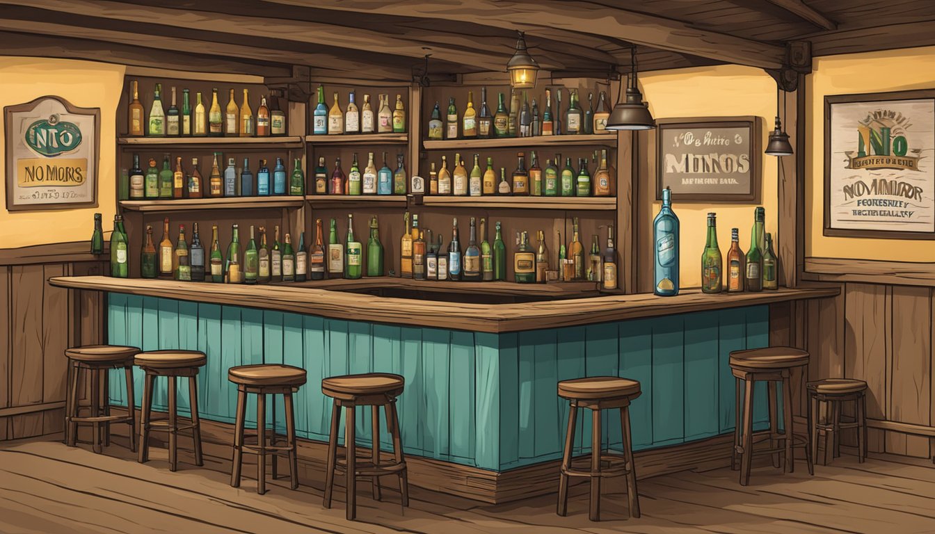 A rustic bar with a "No Minors" sign, bottles behind the counter, and a "Drink Responsibly" poster on the wall