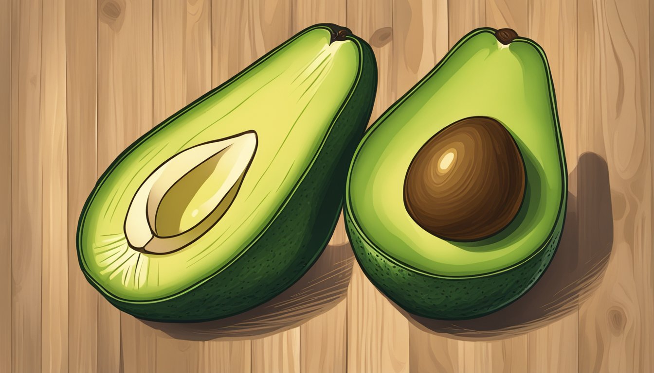 A zutano avocado sits on a wooden cutting board, its skin transitioning from bright green to a darker hue, indicating ripeness