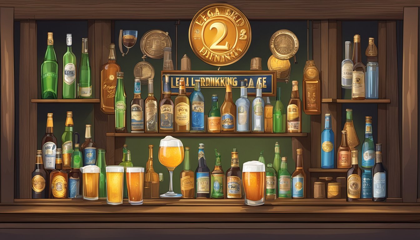 A bar sign with "Legal Drinking Age 21" displayed prominently