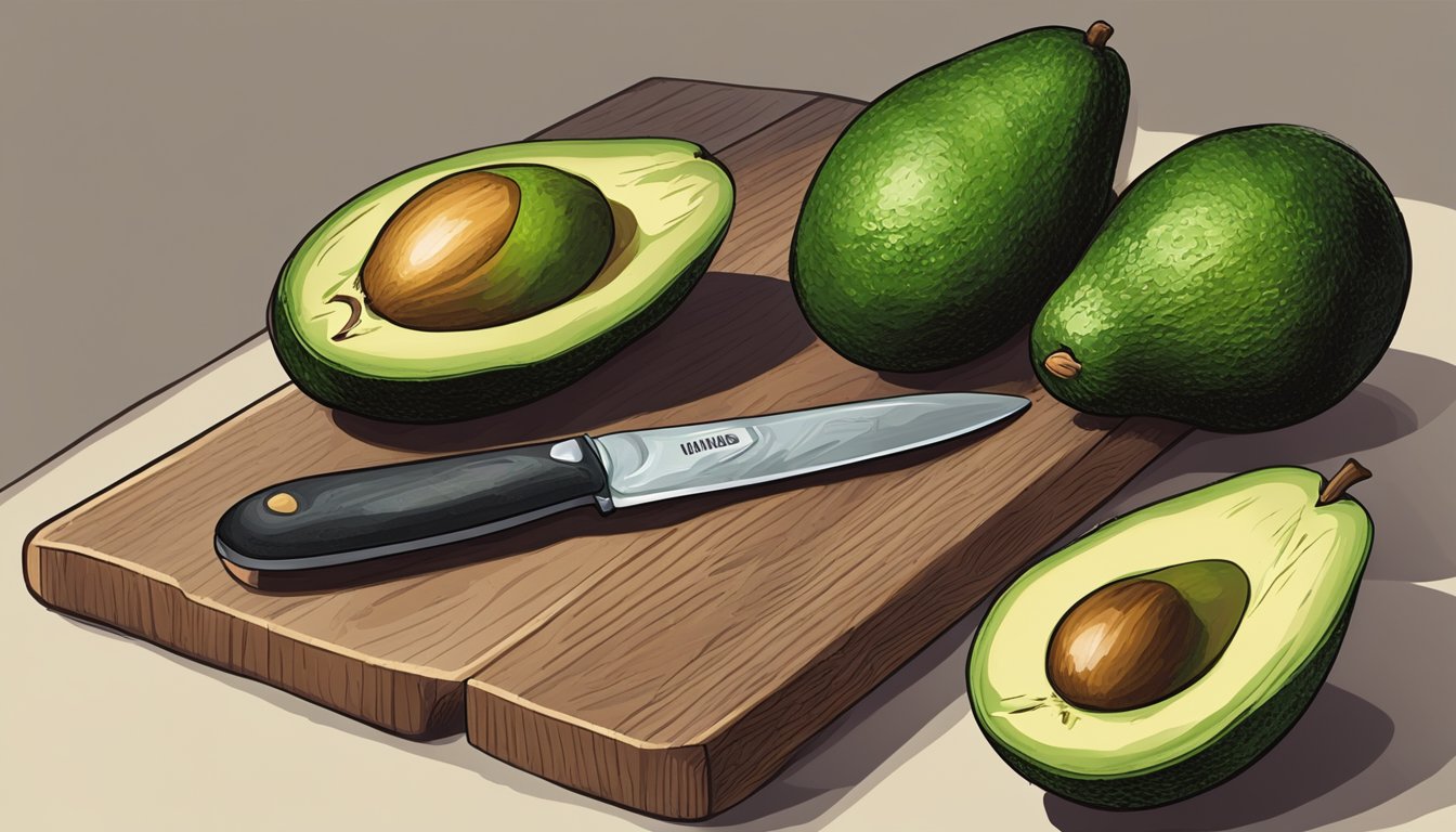 A zutano avocado sits on a cutting board, its skin a deep green with a slight give when pressed. A knife and spoon lay nearby, ready for use