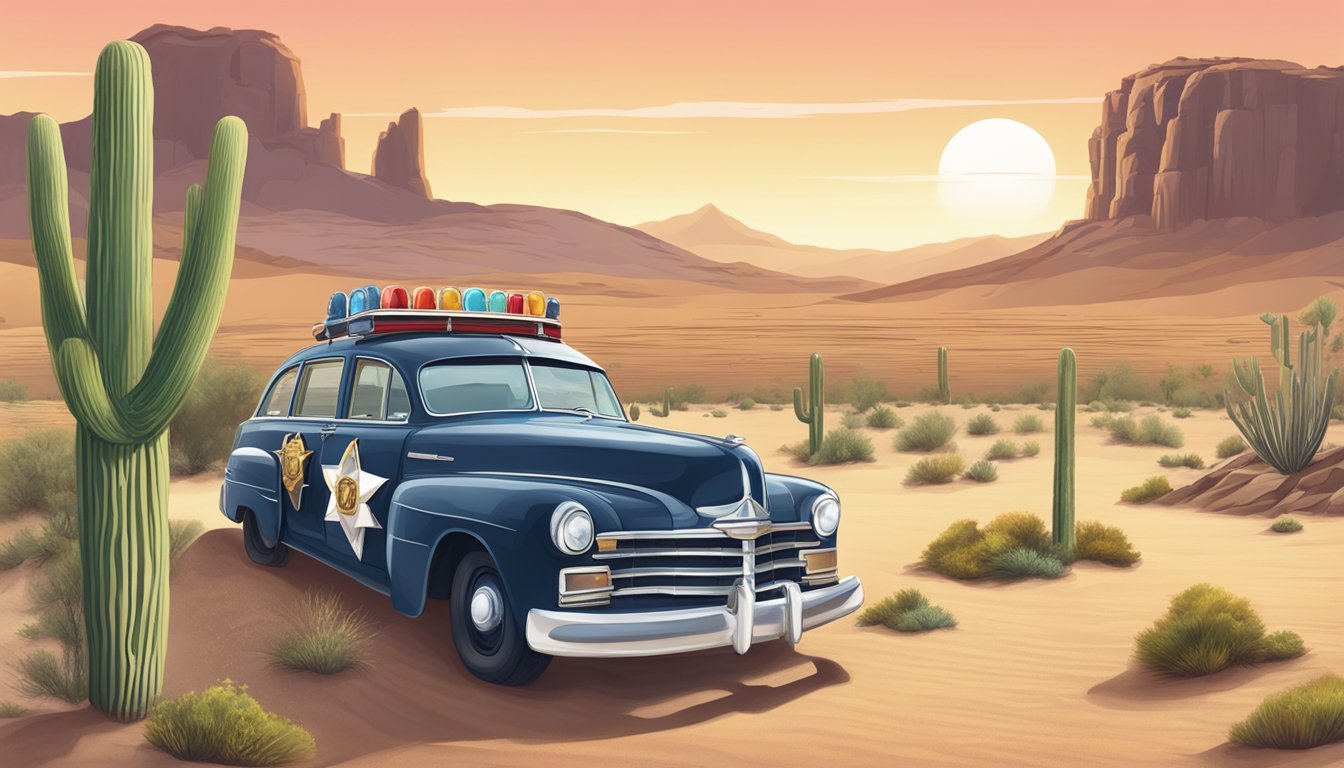 A desert landscape with a sheriff's badge and a "No Alcohol" sign