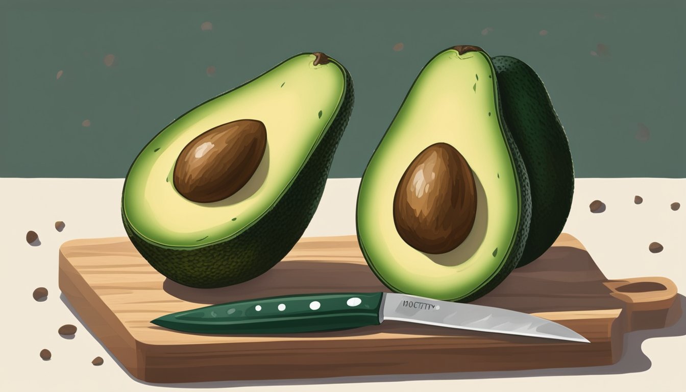 An overripe zutano avocado sits on a cutting board, its dark green skin mottled with brown spots. A knife slices through the fruit, revealing the soft, mushy flesh inside