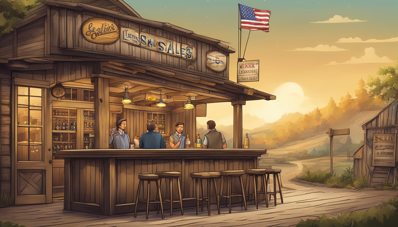 A rustic bar with a "Licensing and Sales" sign. Patrons drinking inside