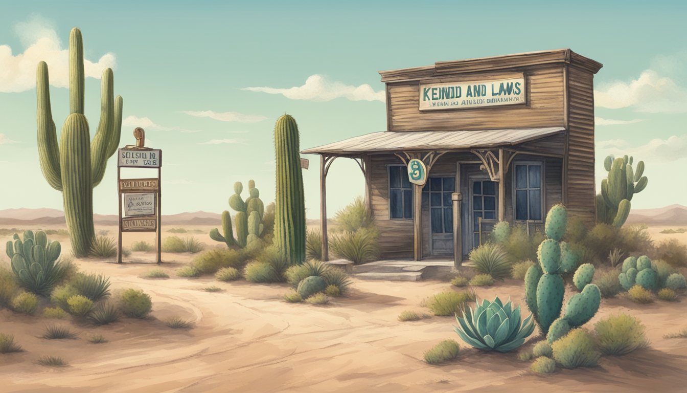 A dusty Texas road lined with cacti and a small, weathered building bearing the sign "Kenedy County Alcohol and Drinking Laws."