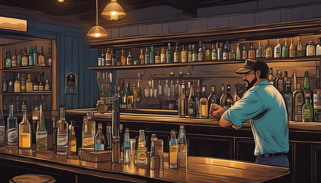 A bartender pouring drinks behind a bar in a dimly lit licensed establishment in Jim Hogg County, Texas