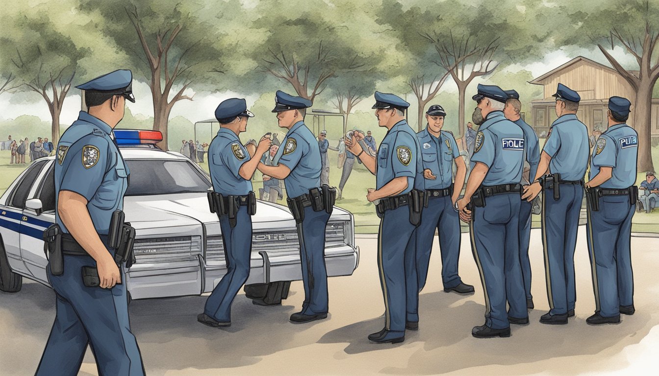 A police officer confiscating alcohol from a group of individuals at a park in Lee County, Texas