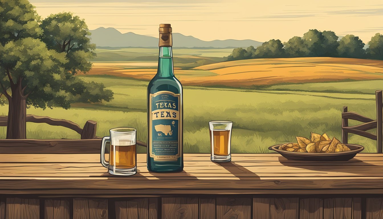 A serene countryside scene with a rustic Texas county sign and a prohibition symbol over a bottle of alcohol