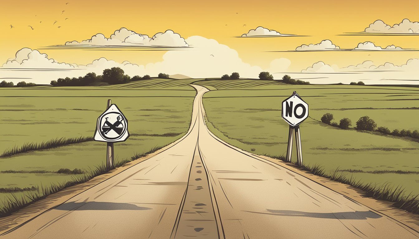 A dusty road sign with crossed-out alcohol bottles and a "No Drinking" symbol, set against the backdrop of a rural Texas landscape