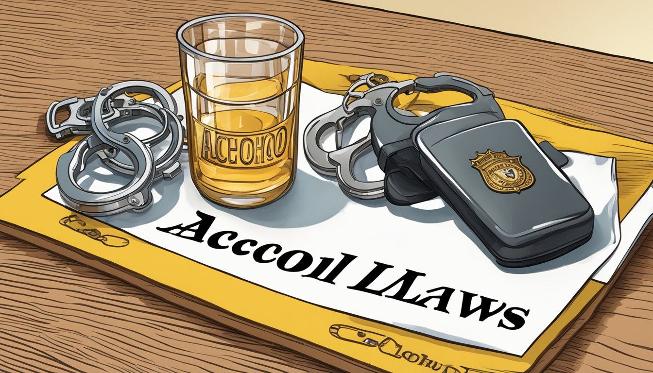 A sheriff's badge and handcuffs on a table with a sign displaying "Alcohol Laws" in a Texas courthouse