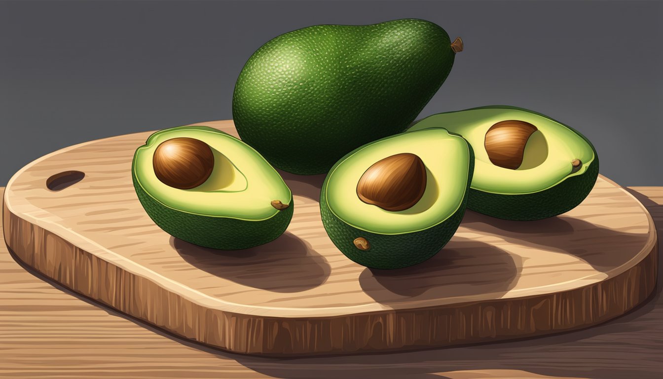 A ripe Mexicola avocado sits on a wooden cutting board, its dark green skin giving slightly to gentle pressure. The stem end yields slightly when pressed