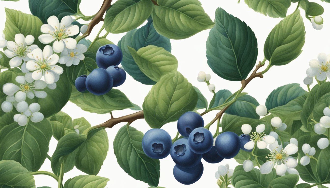 A hand reaching for a plump, deep blue blueberry on a vine, surrounded by lush green leaves and small white flowers