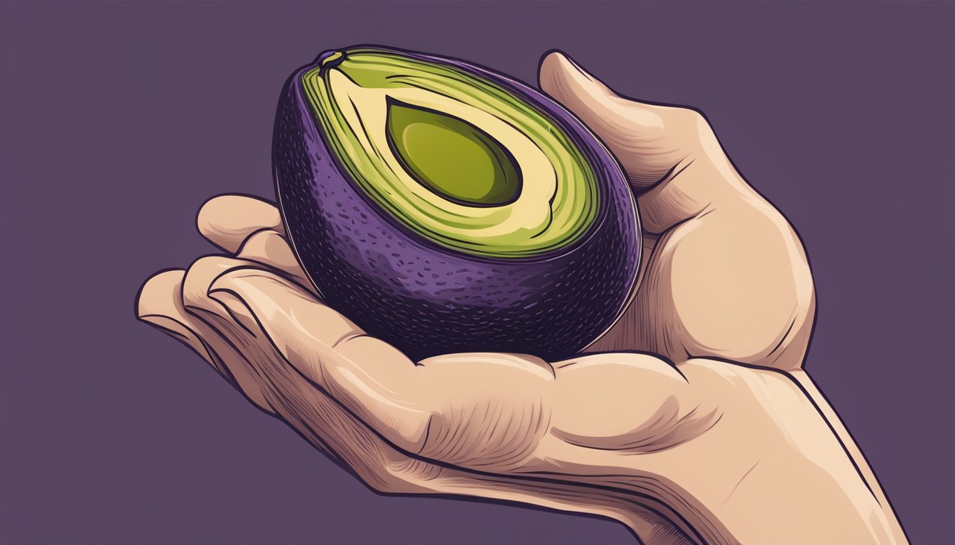 A hand gently squeezes a Mexicola avocado, feeling for a slight give to indicate ripeness. The skin is dark purple and slightly bumpy, with no soft spots