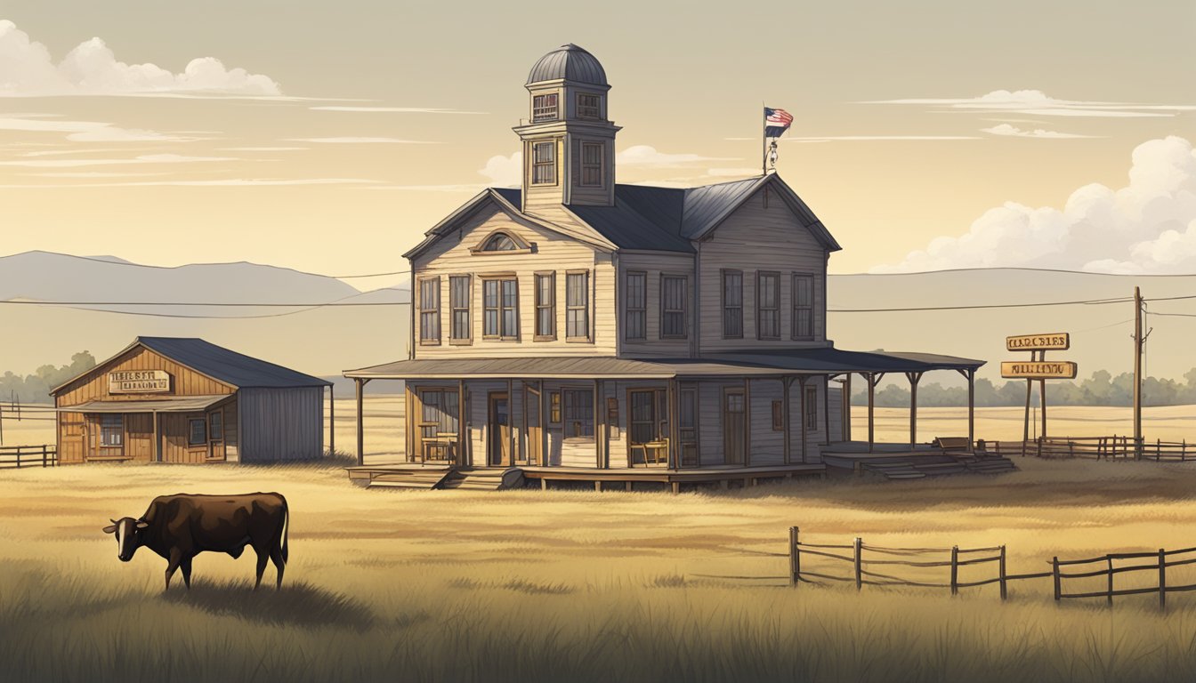 A rustic Texas town with a courthouse and a saloon, surrounded by open fields and cattle ranches