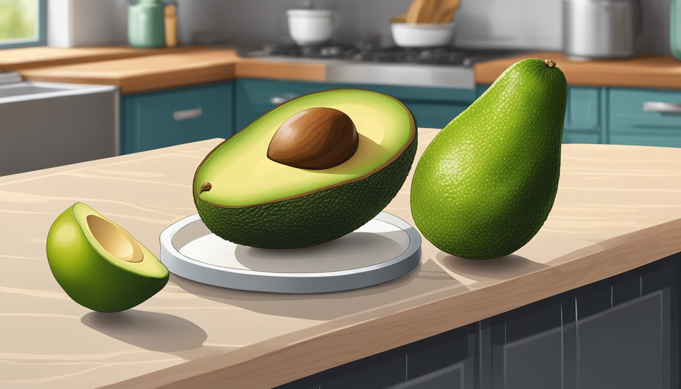 A ripe Mexicola avocado sits on a kitchen counter next to a gently squeezed avocado to show ripeness