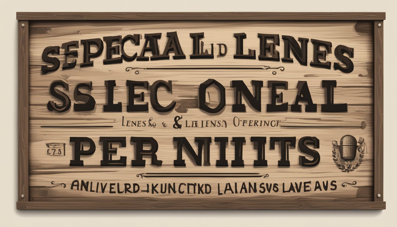 A rustic wooden sign with "Special Licenses and Permits" in bold letters, surrounded by symbols of alcohol and drinking laws in Jasper County, Texas