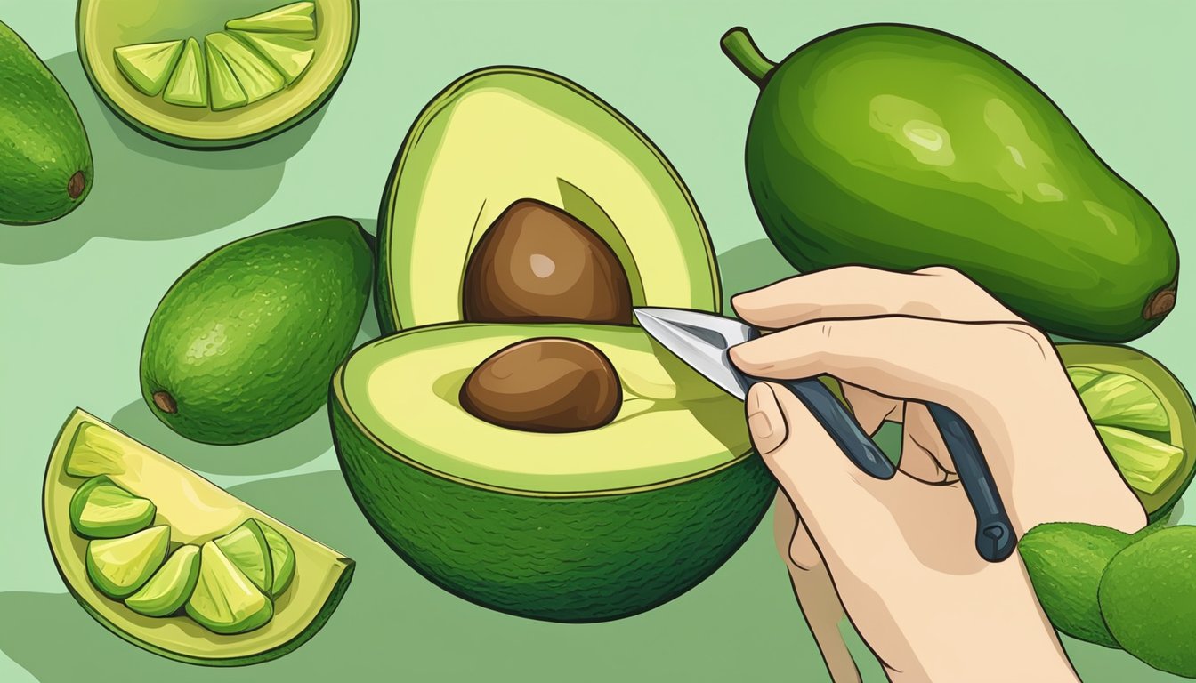 A hand gently presses into a Mexicola avocado, feeling for a slight give to indicate ripeness. A knife slices through the fruit, revealing a creamy green interior