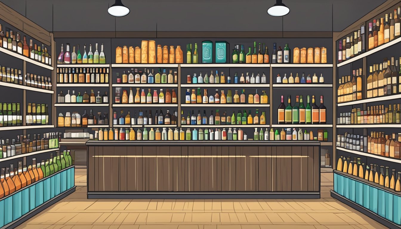 A small liquor store in Lamb County, Texas, with shelves stocked with various types of alcohol