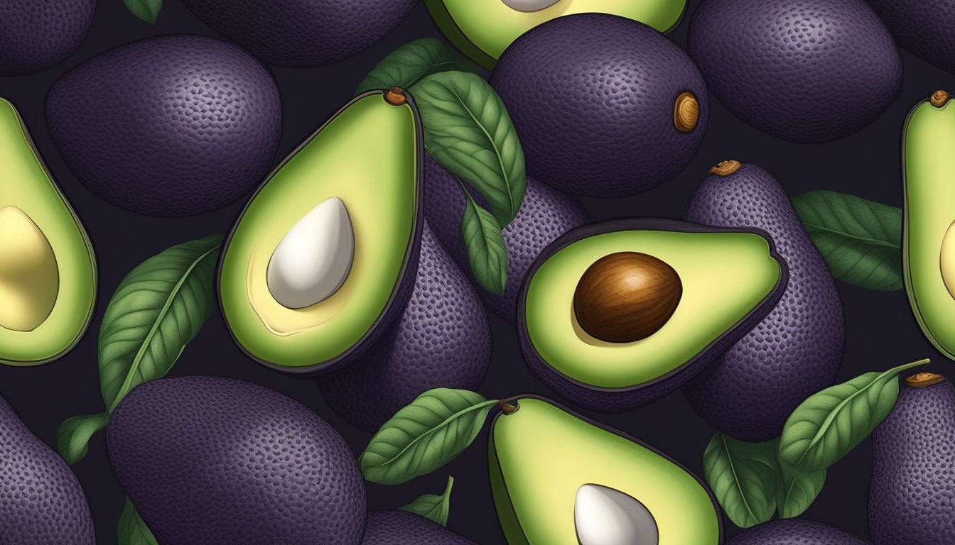 A ripe Mexicola avocado is gently squeezed, yielding slightly under pressure, with a dark purple-black skin and a slight give near the stem