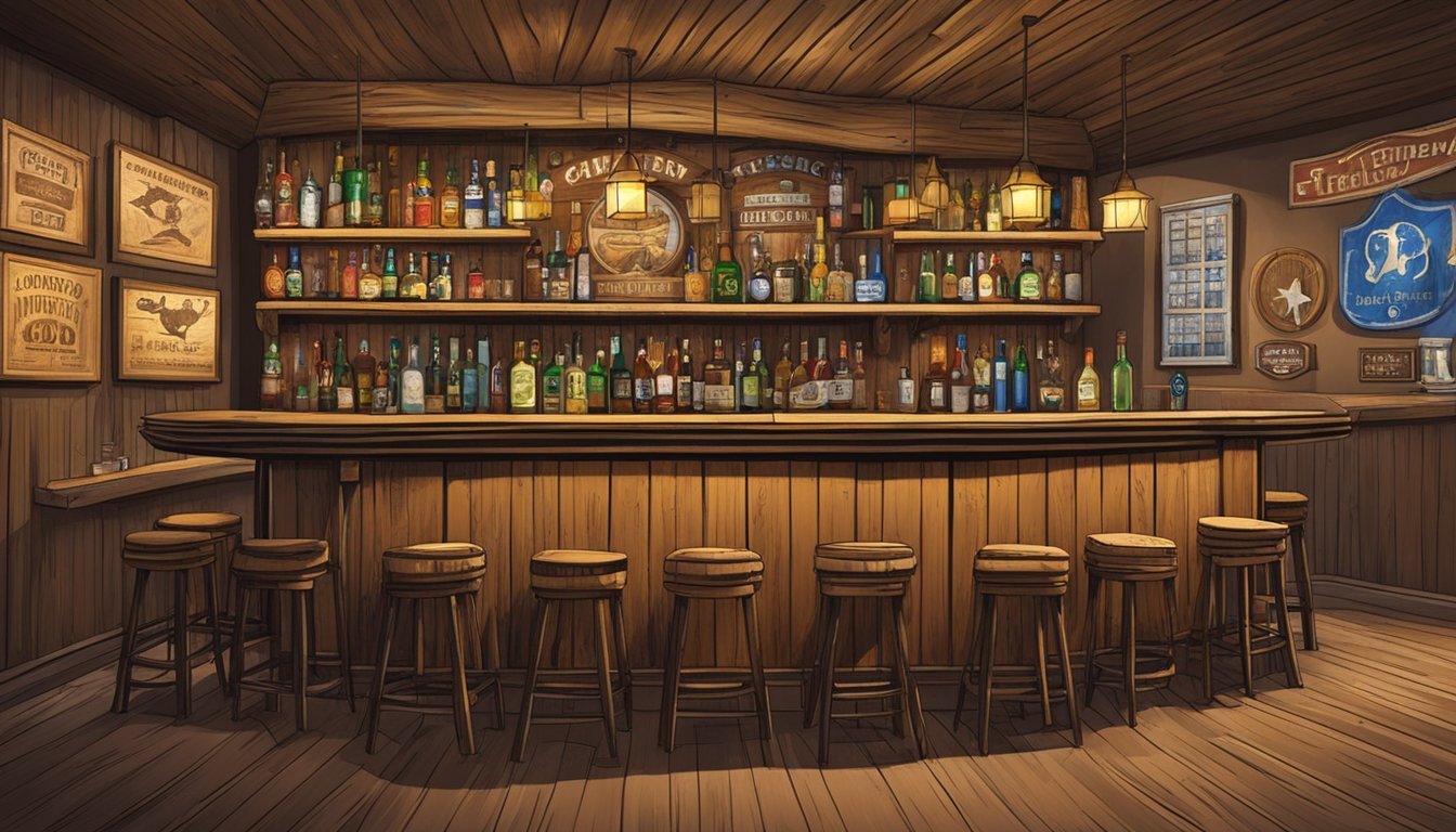 A rustic Texas bar with a prominent "Licensing and Permits" sign on the wall, surrounded by images of alcohol and drinking-related symbols