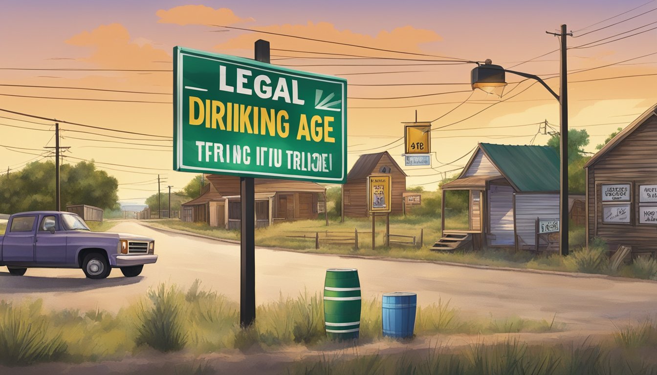 A sign displaying the legal drinking age and warning against underage drinking, set against the backdrop of a small town in Lamb County, Texas