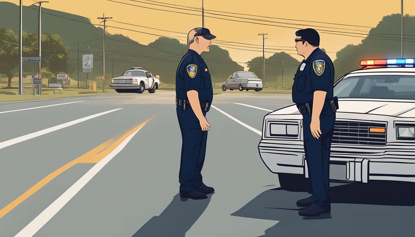 A police officer conducting a roadside sobriety test on a driver in Karnes County, Texas, with a patrol car and flashing lights in the background