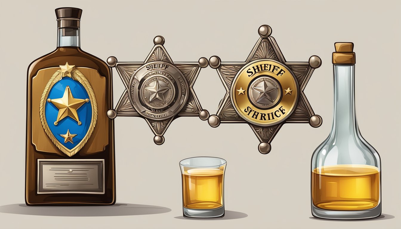 A sheriff's badge and a bottle of alcohol on opposite sides of a scale