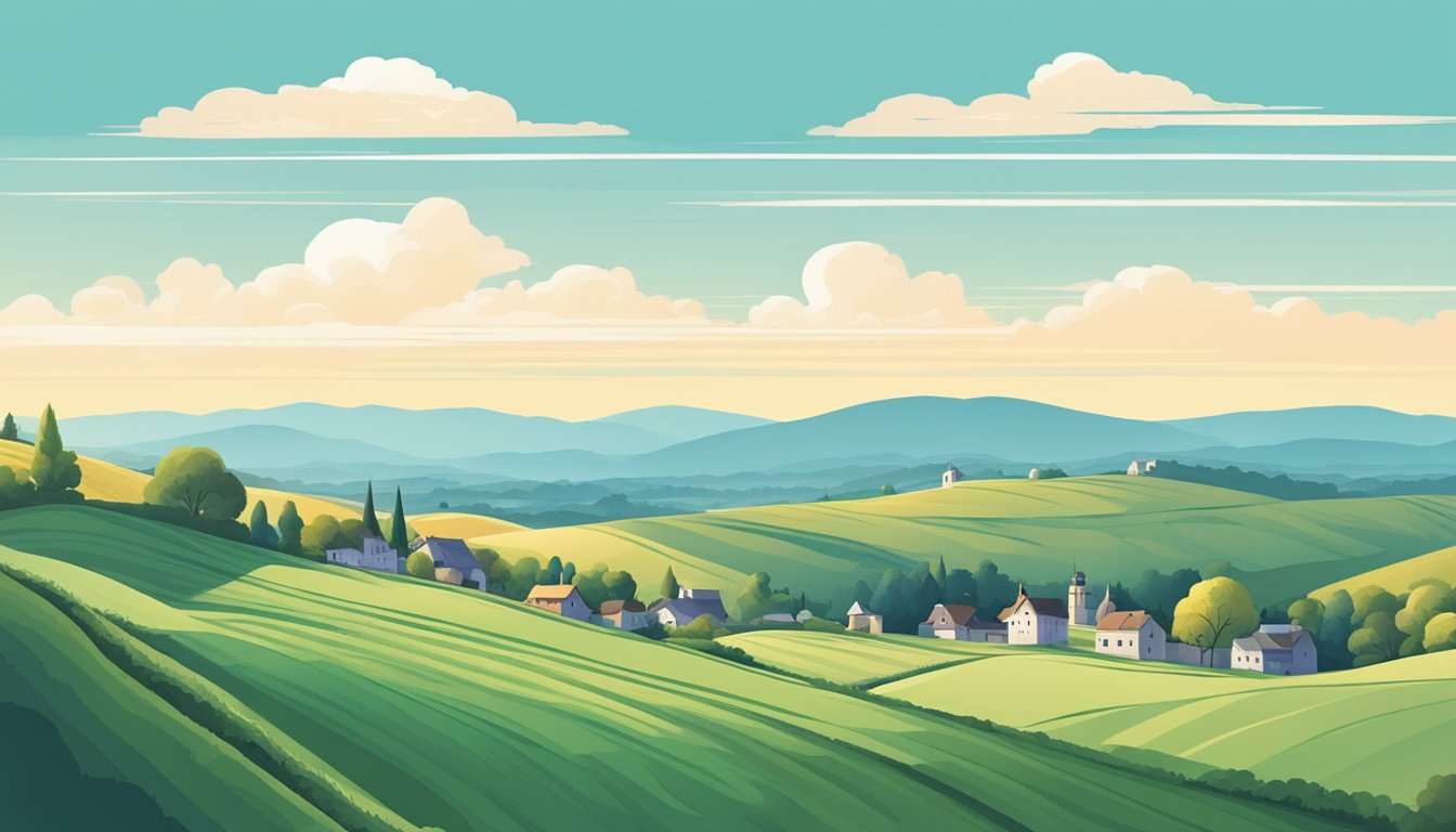 A serene countryside scene with rolling hills, a clear blue sky, and a small town in the distance. No visible alcohol or drinking establishments