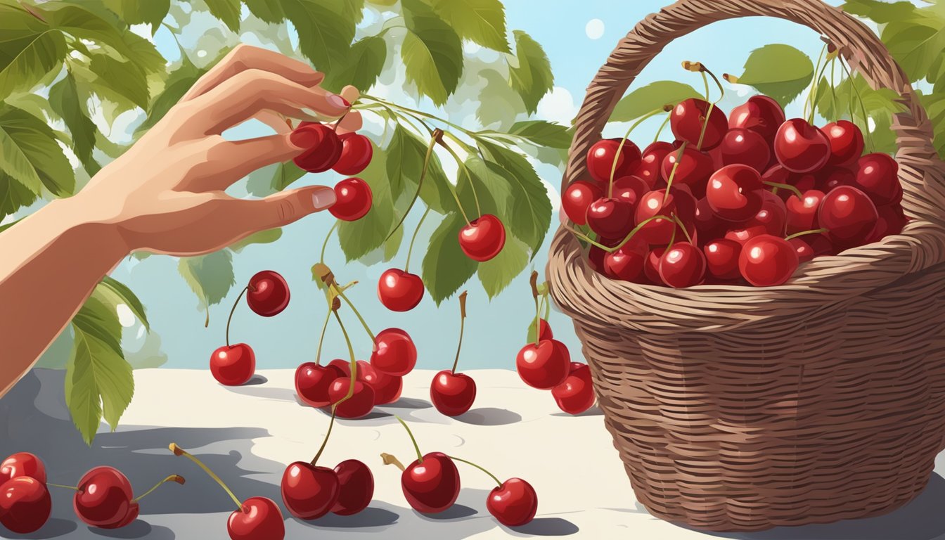 A hand reaching for cherries, inspecting for deep red color and firmness. A few cherries spill from a tilted basket