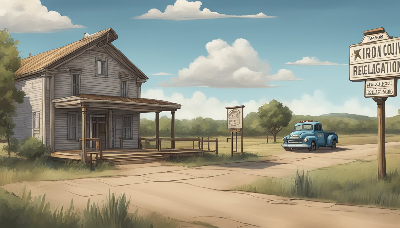 A rustic Texas landscape with a small town courthouse and a sign displaying "Irion County Alcohol Regulations" in the foreground