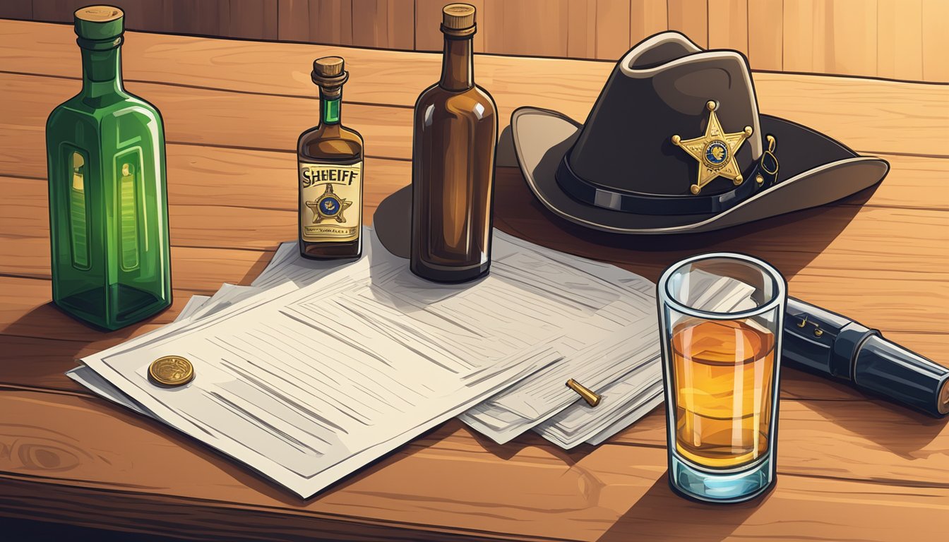 A sheriff's badge on a wooden desk, with a stack of legal documents and a bottle of alcohol beside it