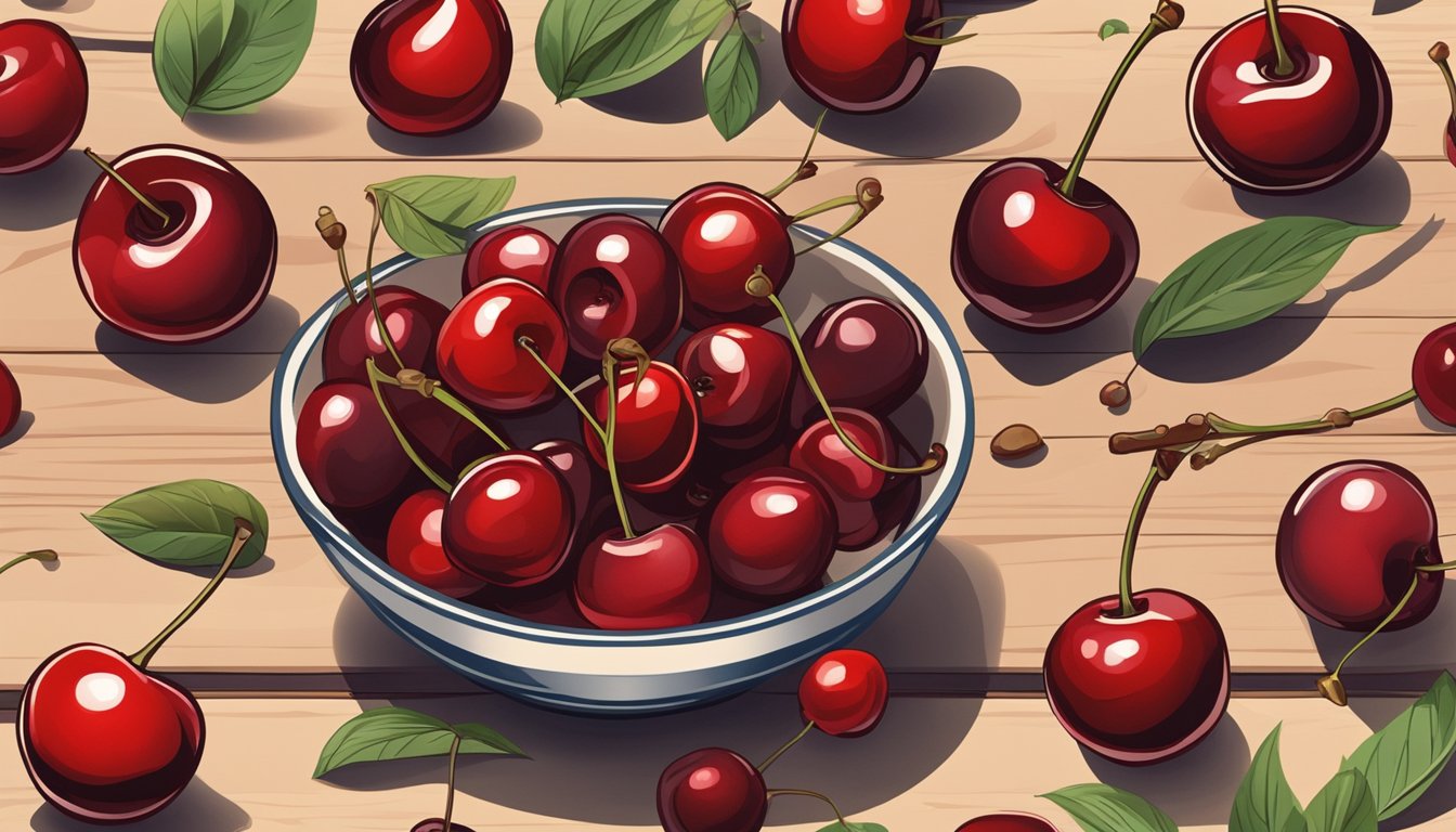 A bowl of ripe cherries, some with stems, some without, sitting on a wooden countertop next to a small knife and a few scattered cherry pits