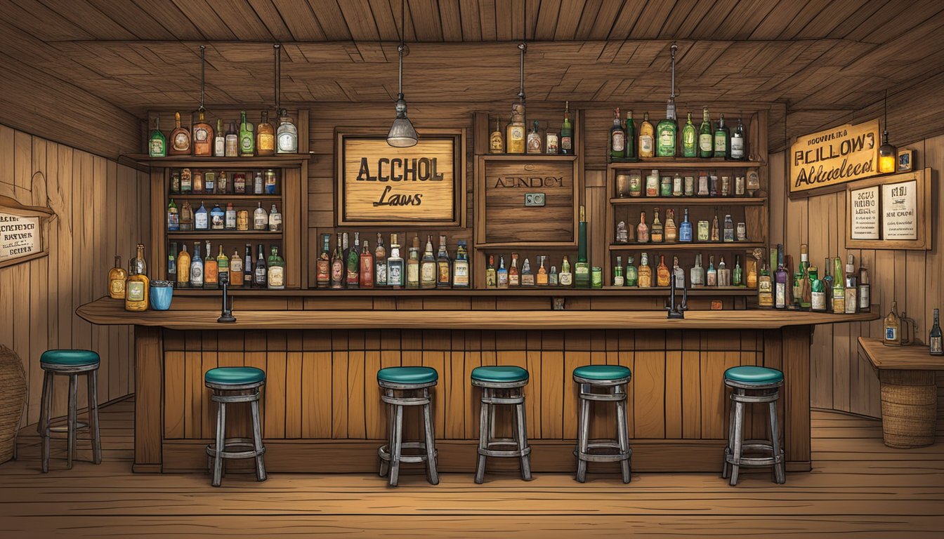 A rustic bar in Lamb County, Texas, with a sign displaying alcohol laws