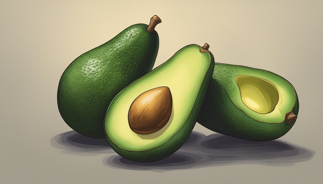 A close-up of two Lamb Hass avocados, one ripe with dark, bumpy skin and the other still firm and green