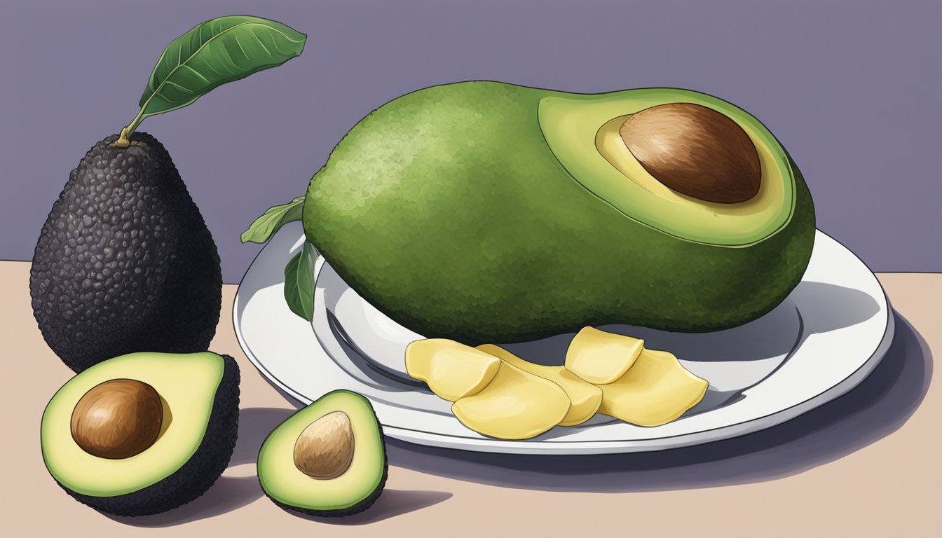 A lamb hass avocado sits on a kitchen counter next to a banana. The avocado is slightly soft to the touch and has a dark, purplish-black skin