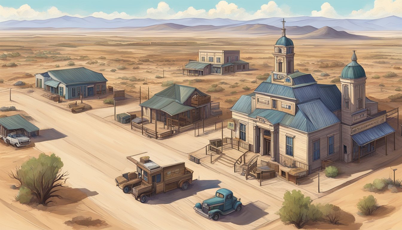 A rural Texas town with a courthouse and a bar, surrounded by dry, arid landscapes