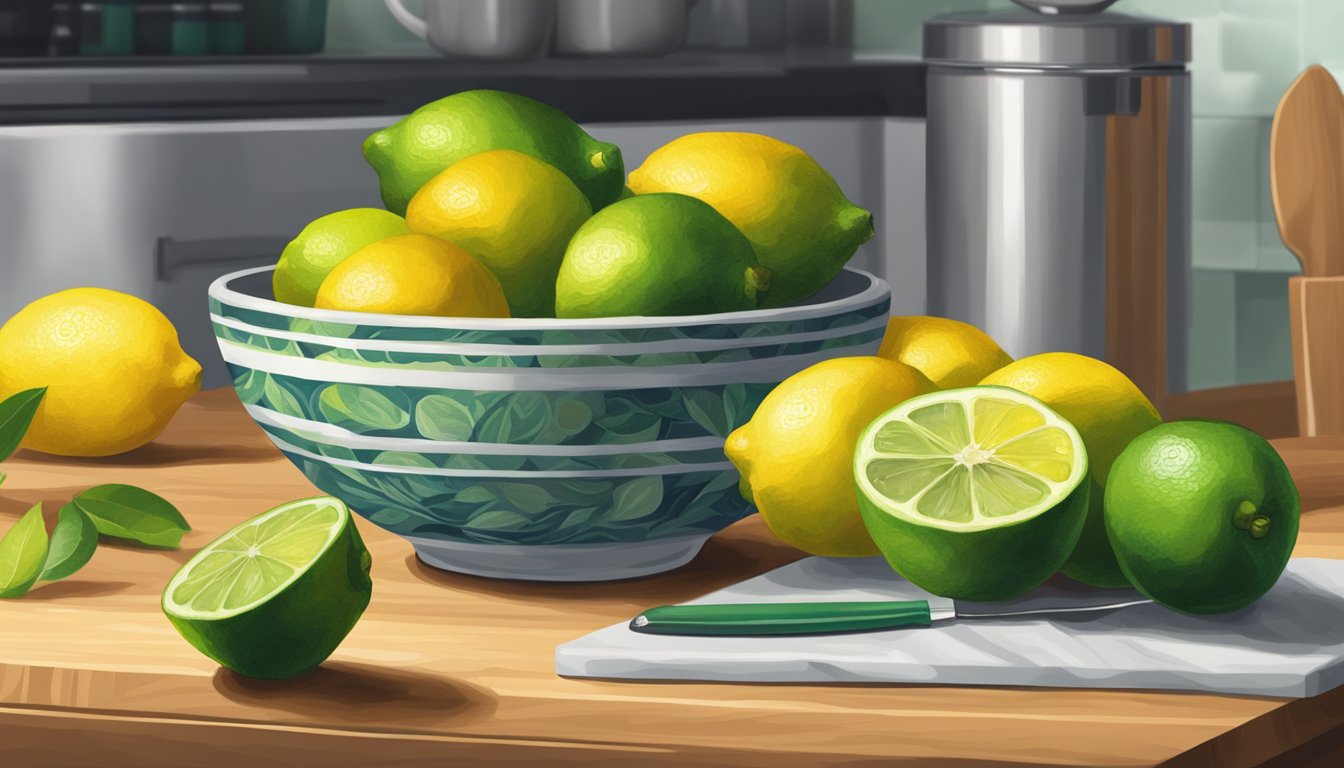 A bowl of lemons and limes, some with vibrant yellow and green hues, others slightly softer, sitting on a kitchen counter next to a cutting board and knife