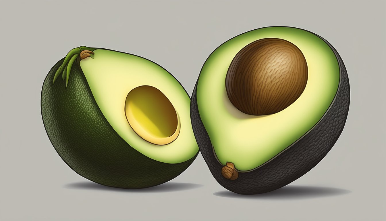 A ripe avocado next to an unripe avocado, with the ripe one being slightly darker and yielding to gentle pressure when touched