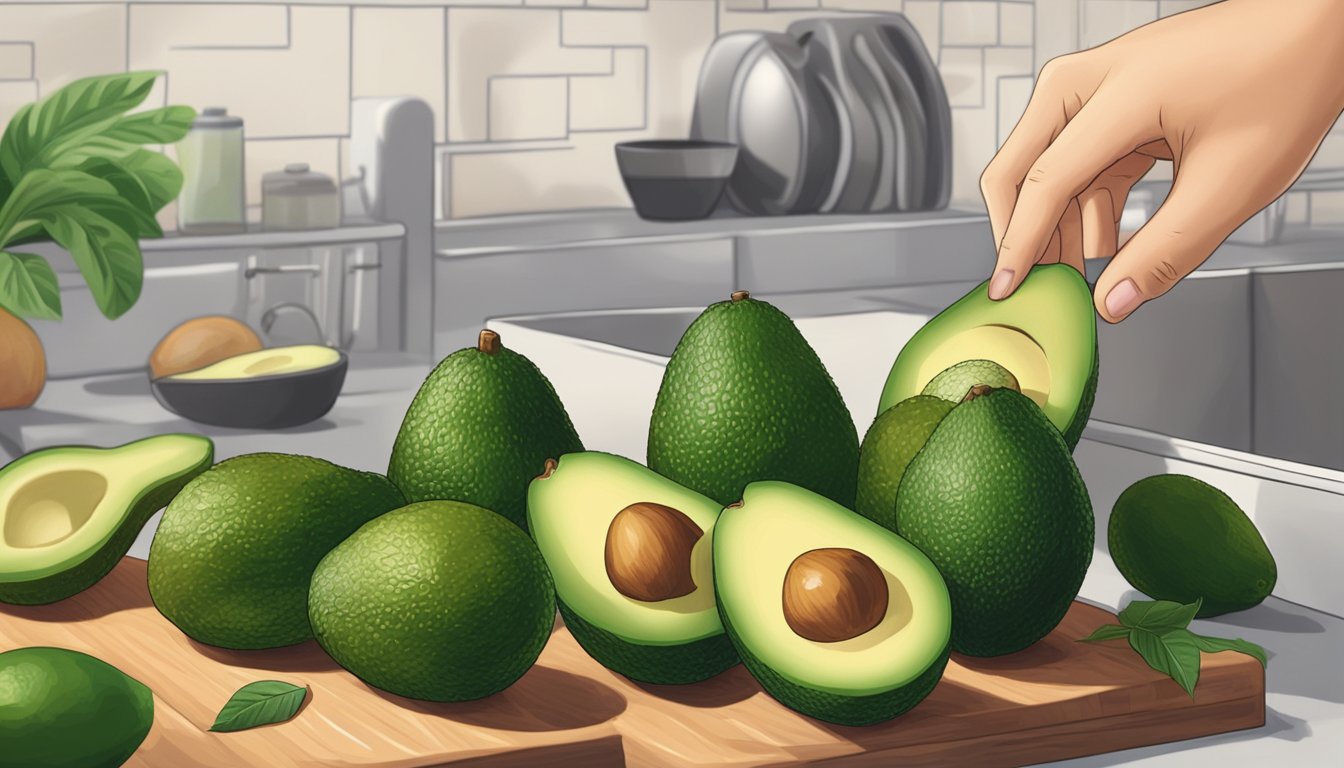 A close-up of a Lamb Hass avocado being gently squeezed to check for ripeness, with a background of other avocados on a kitchen counter