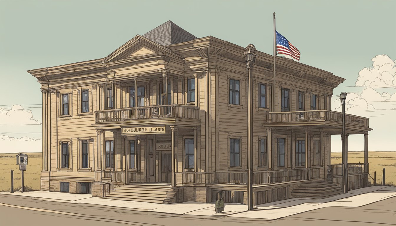 A rustic courthouse in Jim Wells County, Texas, with a sign displaying alcohol and drinking laws