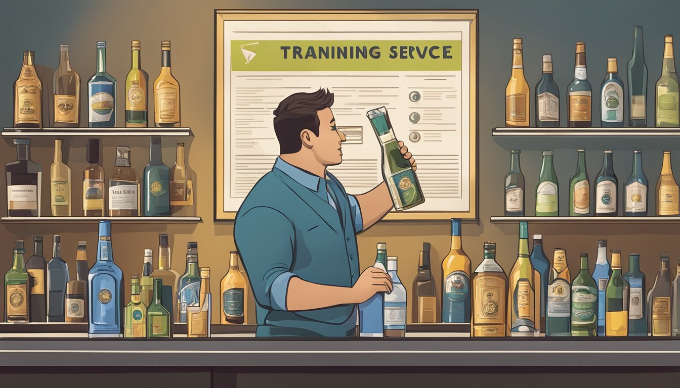 A bartender pouring a drink while displaying a Responsible Alcohol Service and Training Program certificate on the wall