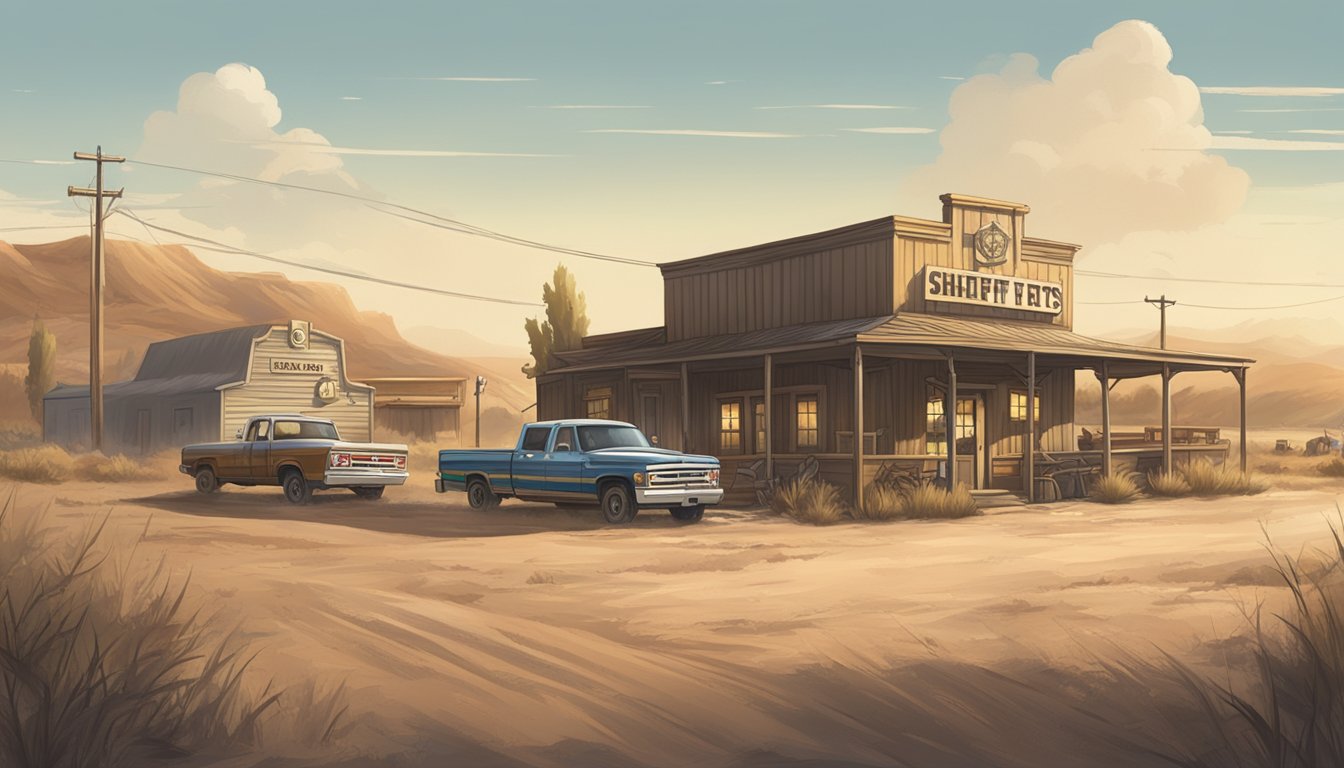 A rural Texan town with a sheriff's office and a liquor store, surrounded by dry, dusty fields