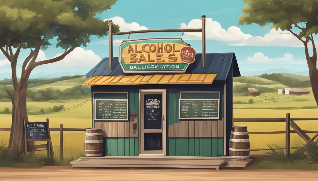 A sign outside a bar with "Alcohol Sales Regulations" displayed, surrounded by a rural Texas landscape