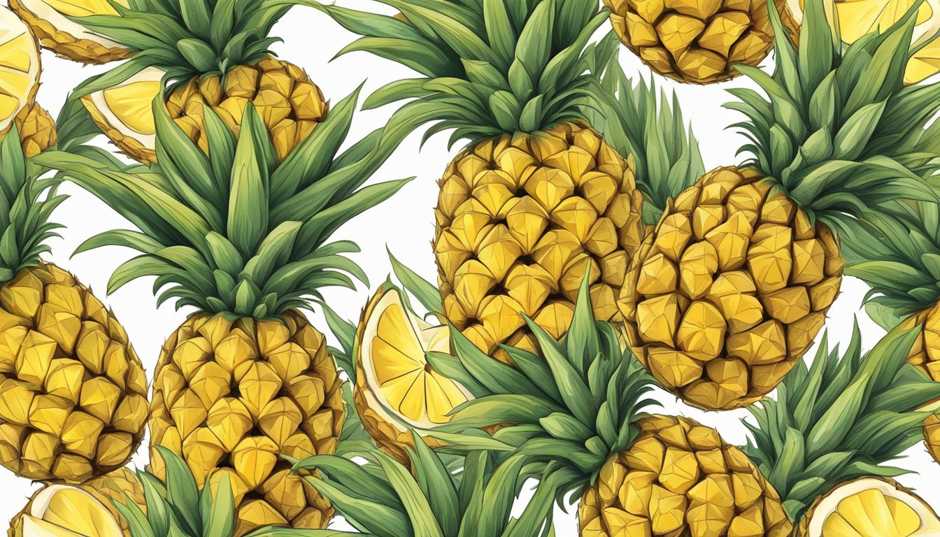 A hand reaching for a ripe pineapple, with a bright yellow skin and a sweet scent