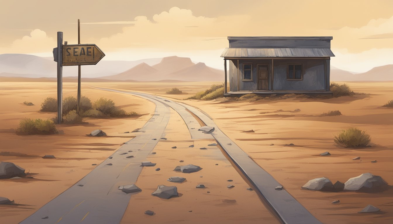 A dusty road sign with bullet holes, surrounded by barren fields and a small, weathered building in the distance