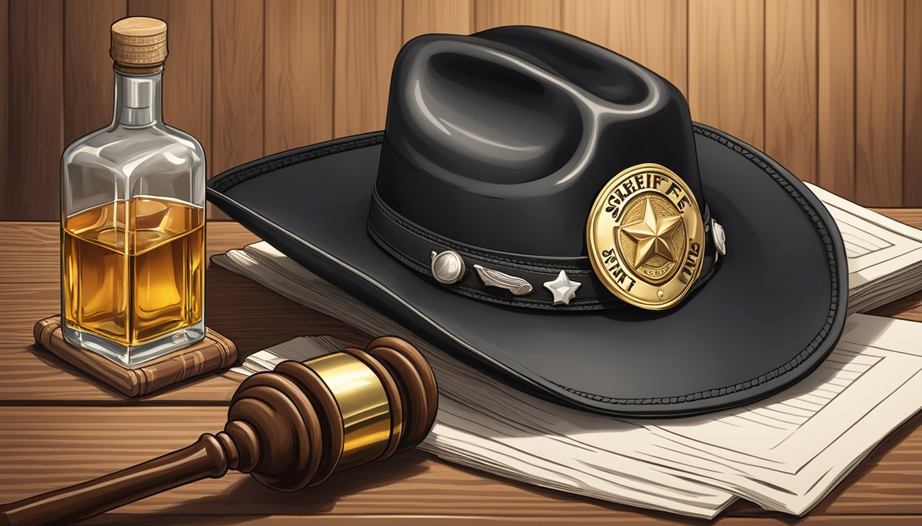 A sheriff's badge pinned to a cowboy hat, with a gavel and a bottle of alcohol on a courtroom table