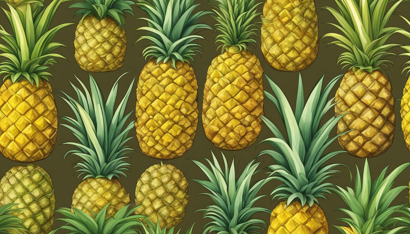 A variety of pineapples in various stages of ripeness, from green to golden yellow, with different textures and sizes displayed on a wooden surface