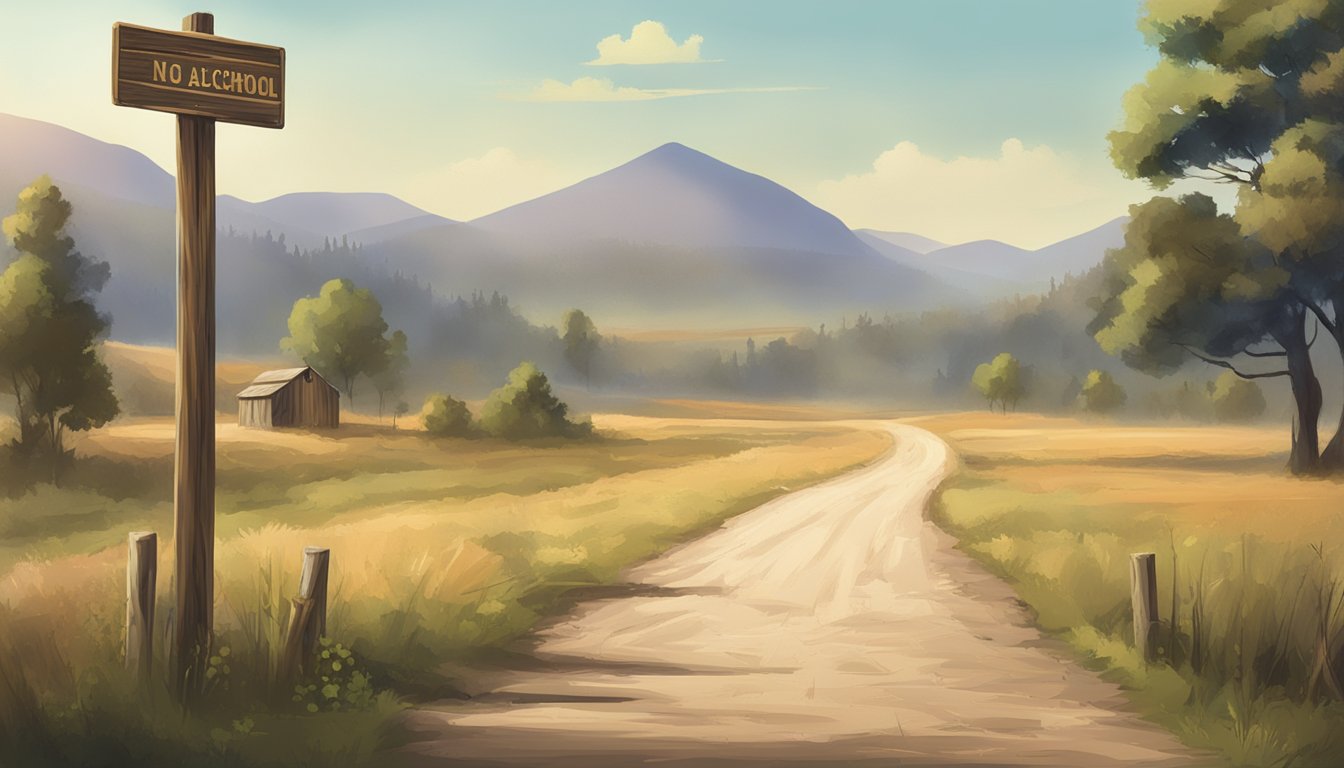 A sheriff's badge pinned to a wooden post, with a "No Alcohol" sign and a dusty rural road stretching into the distance