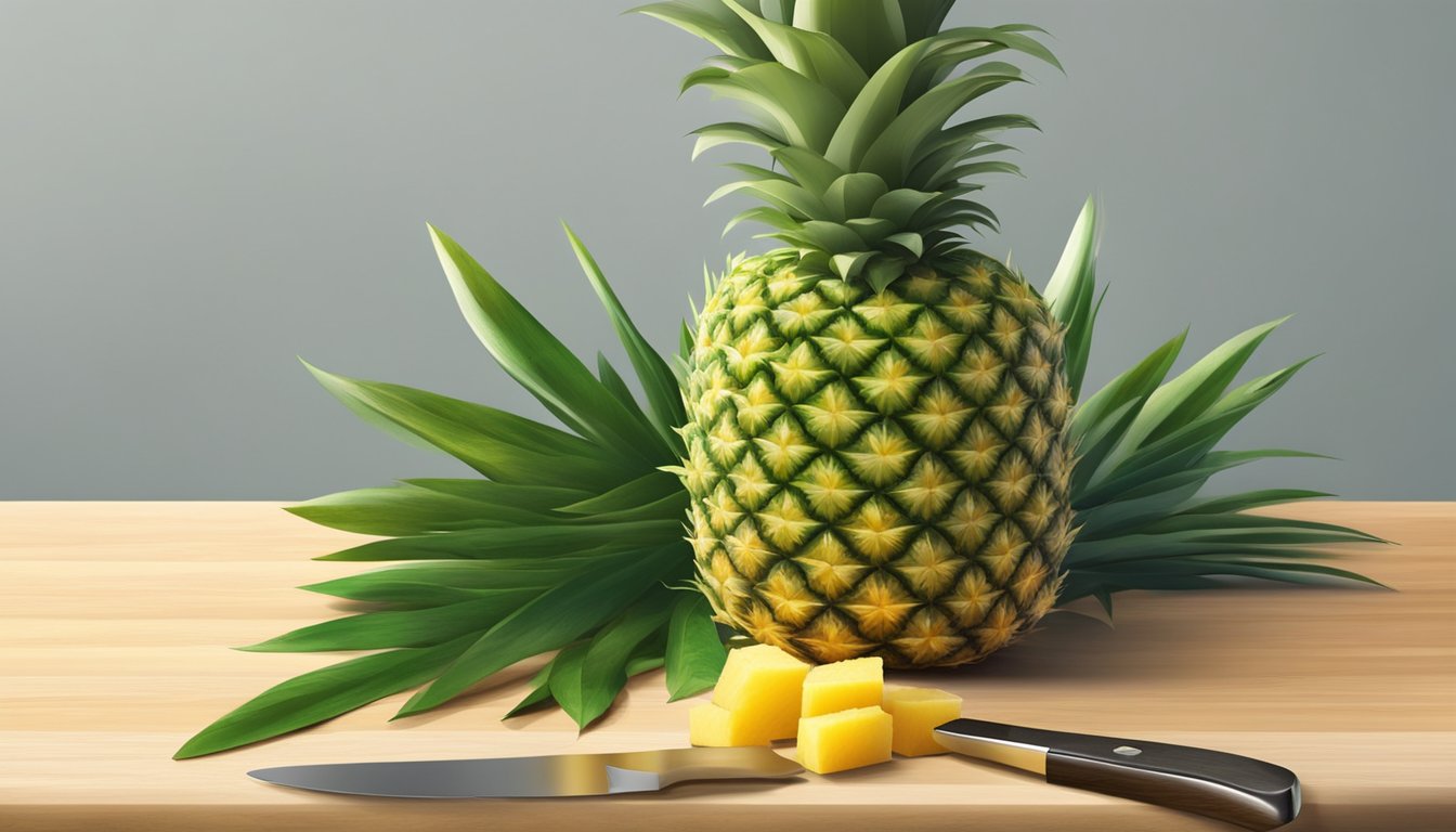 A ripe pineapple sits on a cutting board next to a knife. Its vibrant green leaves contrast with the golden yellow skin